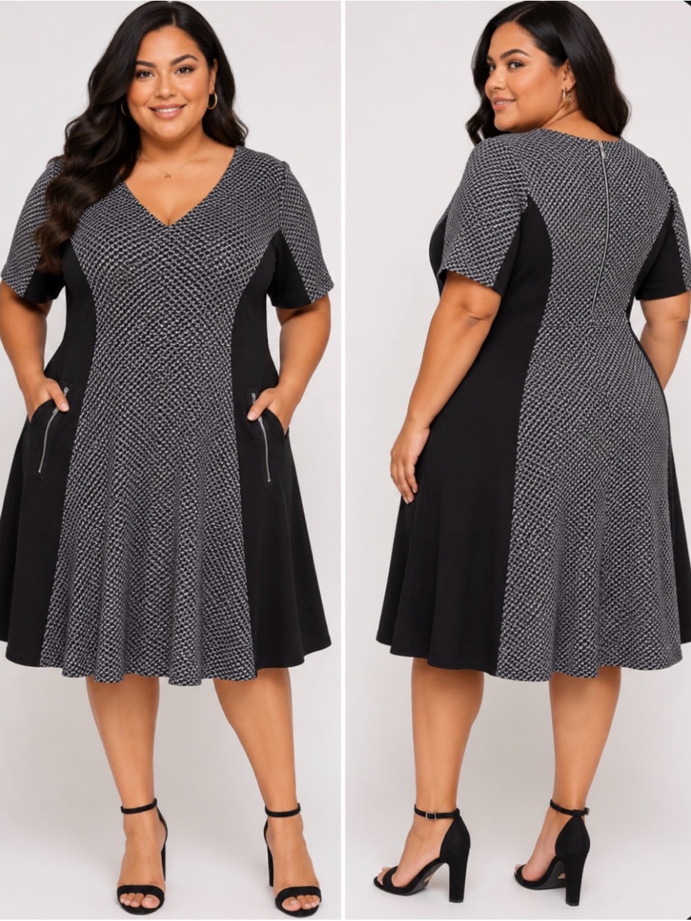 V-Neck Black and Gray Panel Midi Dress with Pockets